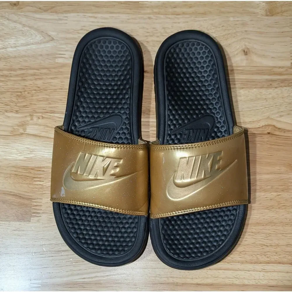 Nike Benassi JDI Slide Sandals Womens 8 Gold Glitter Logo Comfort Slip On